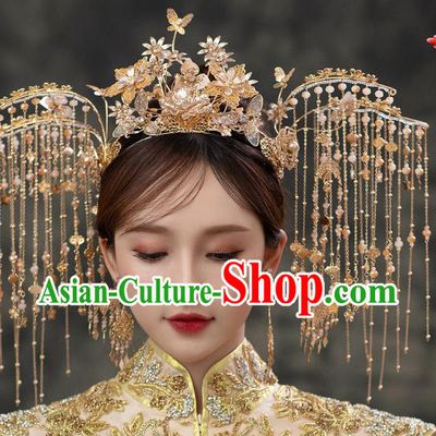 Chinese Bride Tassel Phoenix Coronet Traditional Wedding Hair Accessories Classical Xiuhe Suit Golden Flowers Hair Crown