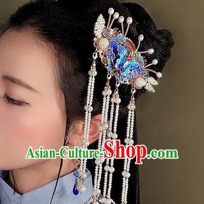 Chinese Traditional Ming Dynasty Court Pearls Tassel Hairpin Hair Accessories Handmade Ancient Princess Cloisonne Butterfly Hair Stick