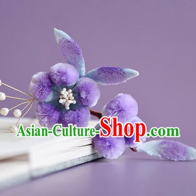 Chinese Handmade Purple Velvet Plum Blossom Hair Stick Traditional Hanfu Hairpin Headwear