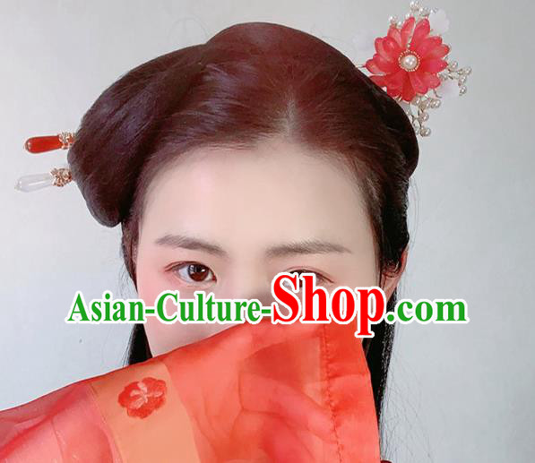 Chinese Traditional Song Dynasty Palace Lady Hair Stick Ancient Princess Red Chrysanthemum Hairpin