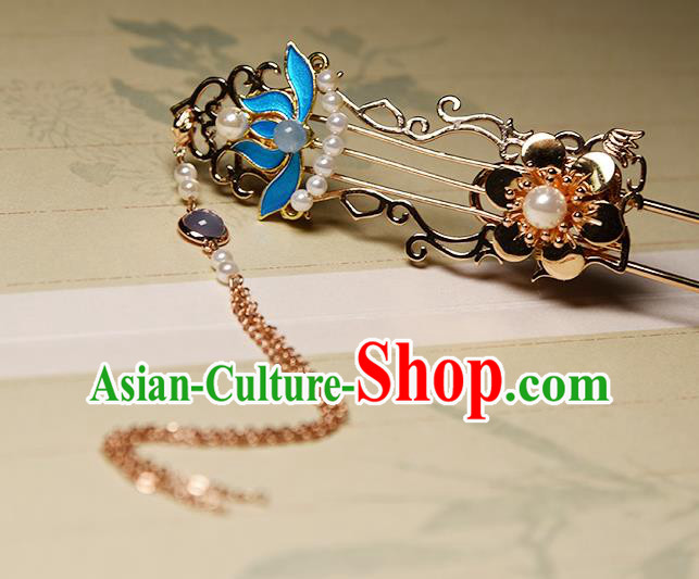 Chinese Traditional Ming Dynasty Blue Lotus Hair Stick Ancient Princess Golden Lute Tassel Hairpin Chinese Traditional Ming Dynasty Blue Lotus Hair Stick Ancient Princess Golden Lute Tassel Hairpin