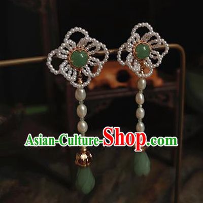 China Handmade Ancient Princess Pearls Earrings Jewelry Traditional Ming Dynasty Jade Mangnolia Ear Accessories