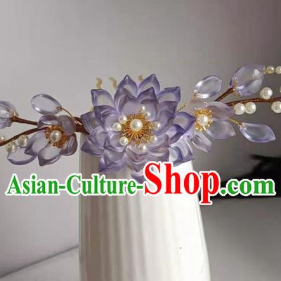 Chinese Ancient Court Woman Pearls Hair Comb Traditional Ming Dynasty Princess Purple Lotus Hair Crown