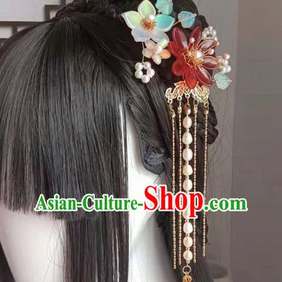 Chinese Ancient Palace Beauty Pearls Tassel Hairpin Traditional Ming Dynasty Princess Red Lotus Hair Comb
