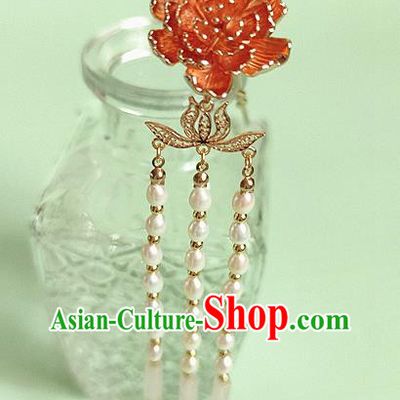 Chinese Traditional Tang Dynasty Pearls Tassel Hair Stick Ancient Empress Golden Peony Hairpin
