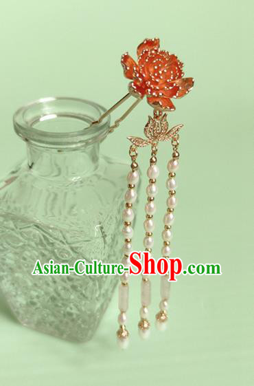 Chinese Traditional Tang Dynasty Pearls Tassel Hair Stick Ancient Empress Golden Peony Hairpin Chinese Traditional Tang Dynasty Pearls Tassel Hair Stick Ancient Empress Golden Peony Hairpin