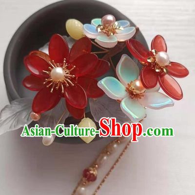 Chinese Hanfu Hair Accessories Traditional Ming Dynasty Red Flowers Hair Stick Ancient Patrician Lady Hairpin