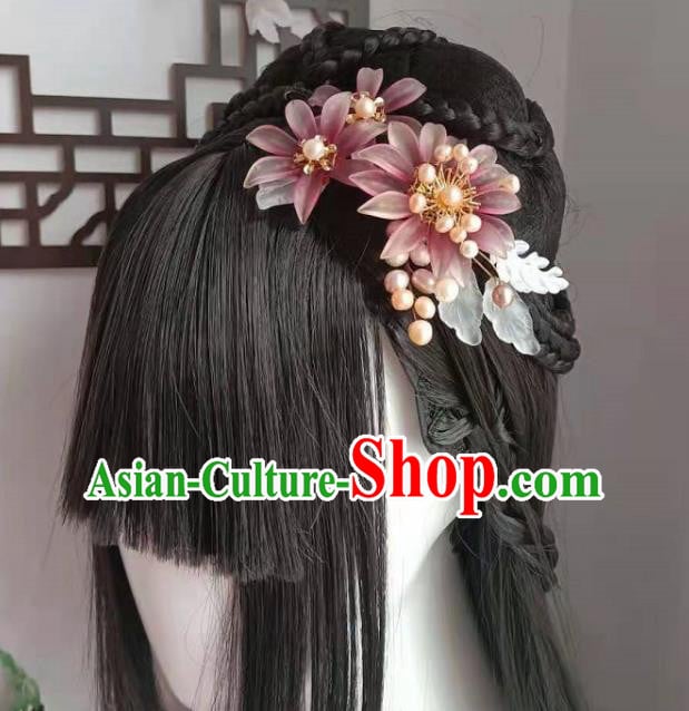 Chinese Ancient Princess Purple Chrysanthemum Hairpin Traditional Ming Dynasty Hanfu Pearls Hair Comb Chinese Ancient Princess Purple Chrysanthemum Hairpin Traditional Ming Dynasty Hanfu Pearls Hair Comb