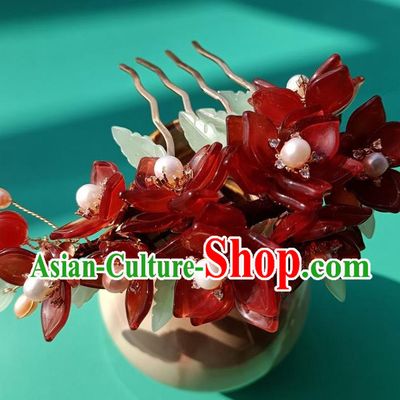 Chinese Traditional Ming Dynasty Red Flowers Hair Comb Ancient Princess Hairpin Hanfu Hair Accessories