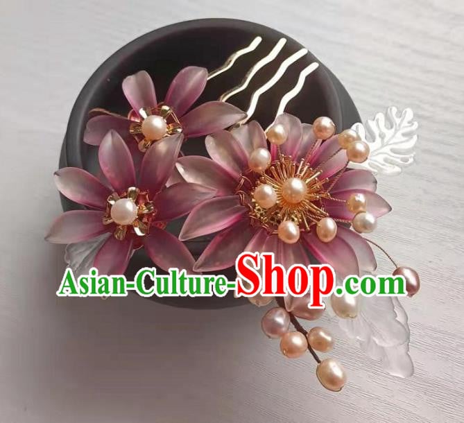 Chinese Ancient Princess Purple Chrysanthemum Hairpin Traditional Ming Dynasty Hanfu Pearls Hair Comb Chinese Ancient Princess Purple Chrysanthemum Hairpin Traditional Ming Dynasty Hanfu Pearls Hair Comb