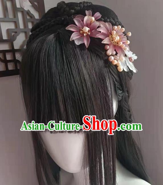 Chinese Ancient Princess Purple Chrysanthemum Hairpin Traditional Ming Dynasty Hanfu Pearls Hair Comb Chinese Ancient Princess Purple Chrysanthemum Hairpin Traditional Ming Dynasty Hanfu Pearls Hair Comb