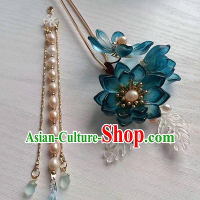Chinese Ancient Palace Lady Blue Lotus Hairpin Traditional Ming Dynasty Hanfu Pearls Tassel Hair Stick