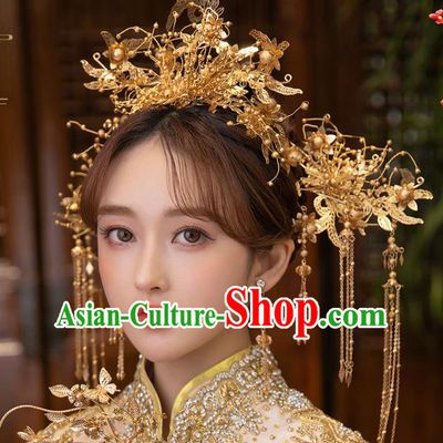 Chinese Classical Golden Leaf Phoenix Coronet Traditional Wedding Headdress Xiuhe Suit Bride Hair Crown