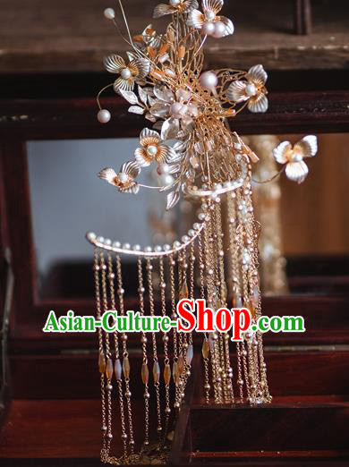 Chinese Classical Bride Tassel Hair Sticks Traditional Wedding Headwear Xiuhe Suit Golden Flowers Hairpins Chinese Classical Bride Tassel Hair Sticks Traditional Wedding Headwear Xiuhe Suit Golden Flowers Hairpins