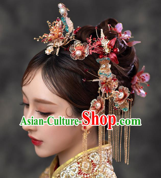 Chinese Classical Bride Flowers Hairpins Traditional Wedding Headwear Xiuhe Suit Blue Butterfly Hair Crown Chinese Classical Bride Flowers Hairpins Traditional Wedding Headwear Xiuhe Suit Blue Butterfly Hair Crown