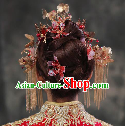 Chinese Classical Bride Flowers Hairpins Traditional Wedding Headwear Xiuhe Suit Blue Butterfly Hair Crown Chinese Classical Bride Flowers Hairpins Traditional Wedding Headwear Xiuhe Suit Blue Butterfly Hair Crown