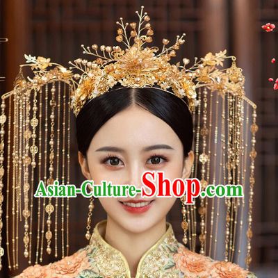 Chinese Classical Bride Luxury Tassel Phoenix Coronet Traditional Wedding Hair Accessories Xiuhe Suit Golden Hair Crown