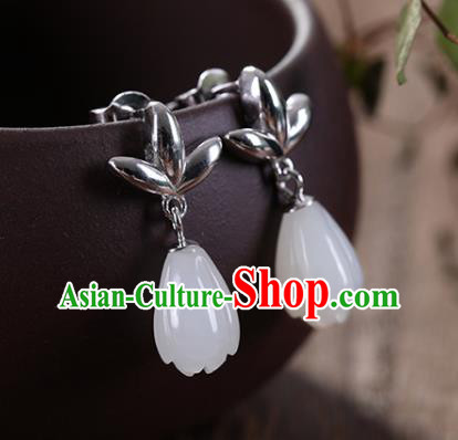 China Handmade Silver Earrings Traditional Cheongsam Jade Mangnolia Ear Accessories China Handmade Silver Earrings Traditional Cheongsam Jade Mangnolia Ear Accessories