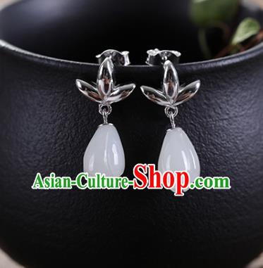 China Handmade Silver Earrings Traditional Cheongsam Jade Mangnolia Ear Accessories China Handmade Silver Earrings Traditional Cheongsam Jade Mangnolia Ear Accessories