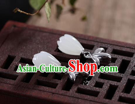 China Handmade Silver Earrings Traditional Cheongsam Jade Mangnolia Ear Accessories China Handmade Silver Earrings Traditional Cheongsam Jade Mangnolia Ear Accessories