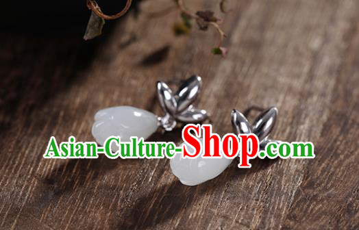 China Handmade Silver Earrings Traditional Cheongsam Jade Mangnolia Ear Accessories China Handmade Silver Earrings Traditional Cheongsam Jade Mangnolia Ear Accessories
