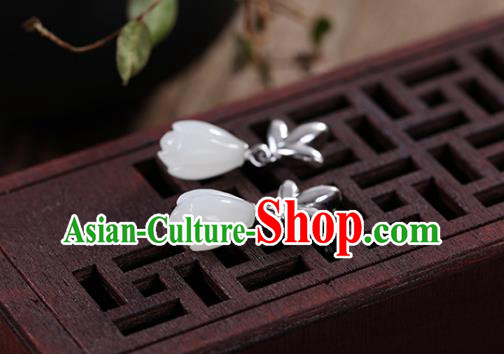 China Handmade Silver Earrings Traditional Cheongsam Jade Mangnolia Ear Accessories China Handmade Silver Earrings Traditional Cheongsam Jade Mangnolia Ear Accessories