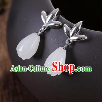 China Handmade Silver Earrings Traditional Cheongsam Jade Mangnolia Ear Accessories