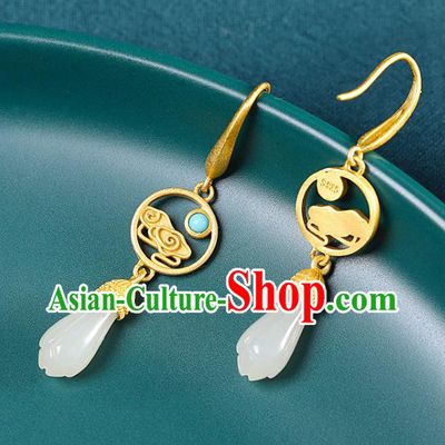 China Handmade Golden Cloud Earrings Traditional Cheongsam Hetian Jade Ear Accessories