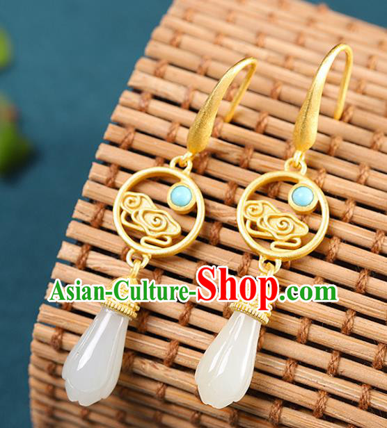 China Handmade Golden Cloud Earrings Traditional Cheongsam Hetian Jade Ear Accessories China Handmade Golden Cloud Earrings Traditional Cheongsam Hetian Jade Ear Accessories