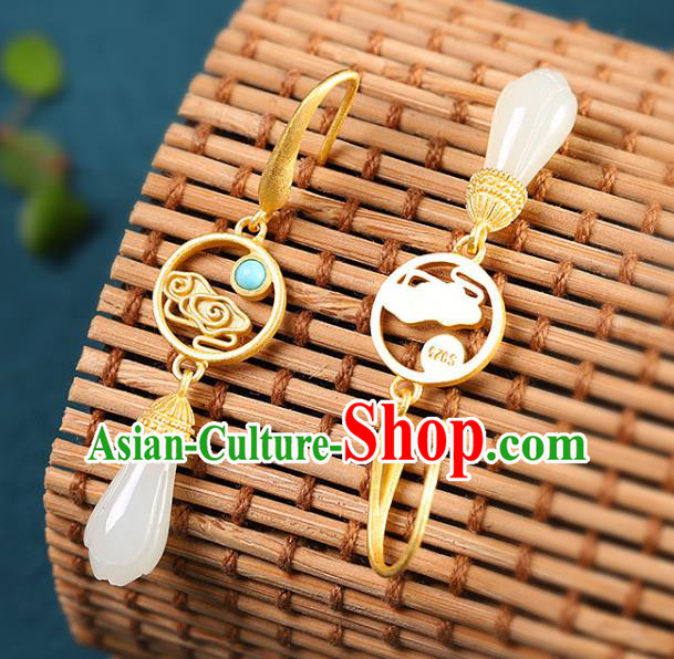 China Handmade Golden Cloud Earrings Traditional Cheongsam Hetian Jade Ear Accessories China Handmade Golden Cloud Earrings Traditional Cheongsam Hetian Jade Ear Accessories