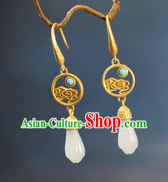 China Handmade Golden Cloud Earrings Traditional Cheongsam Hetian Jade Ear Accessories China Handmade Golden Cloud Earrings Traditional Cheongsam Hetian Jade Ear Accessories
