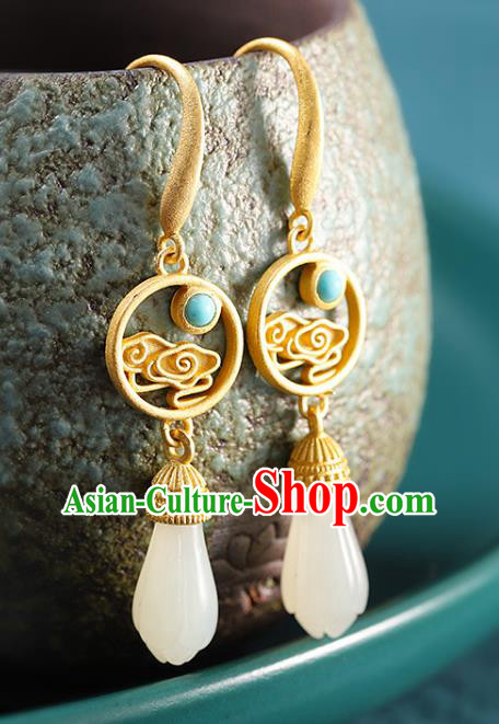 China Handmade Golden Cloud Earrings Traditional Cheongsam Hetian Jade Ear Accessories China Handmade Golden Cloud Earrings Traditional Cheongsam Hetian Jade Ear Accessories