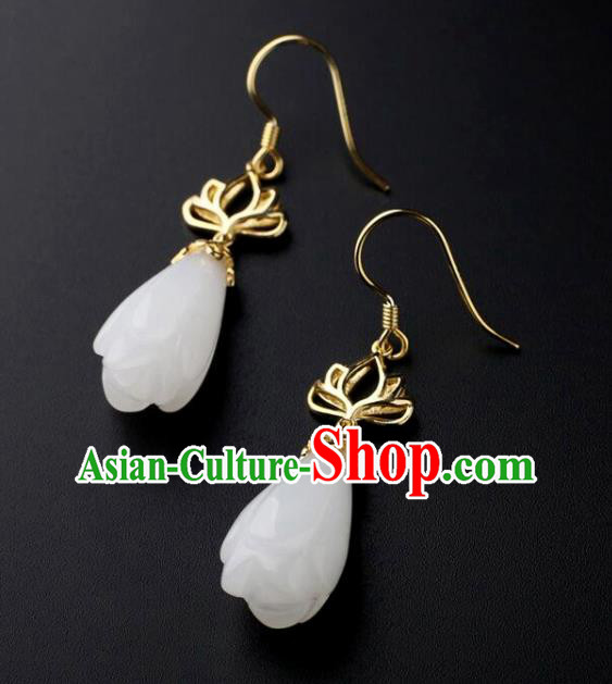 China Handmade National Jade Mangnolia Earrings Traditional Cheongsam Golden Lotus Ear Accessories China Handmade National Jade Mangnolia Earrings Traditional Cheongsam Golden Lotus Ear Accessories