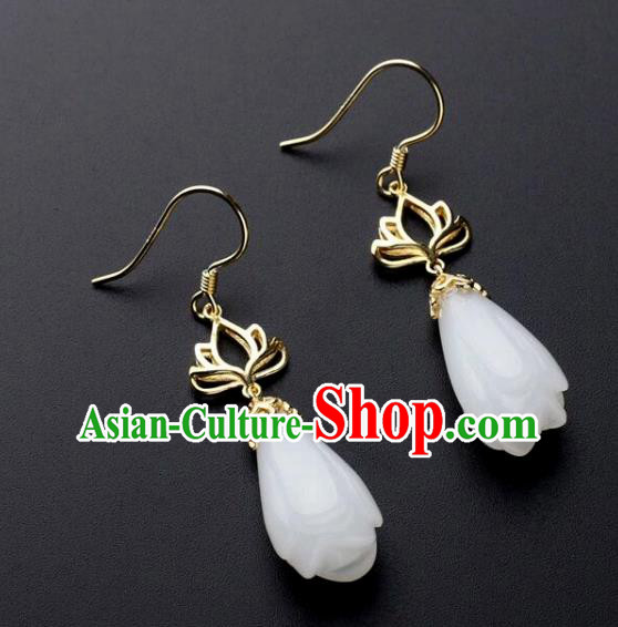 China Handmade National Jade Mangnolia Earrings Traditional Cheongsam Golden Lotus Ear Accessories China Handmade National Jade Mangnolia Earrings Traditional Cheongsam Golden Lotus Ear Accessories
