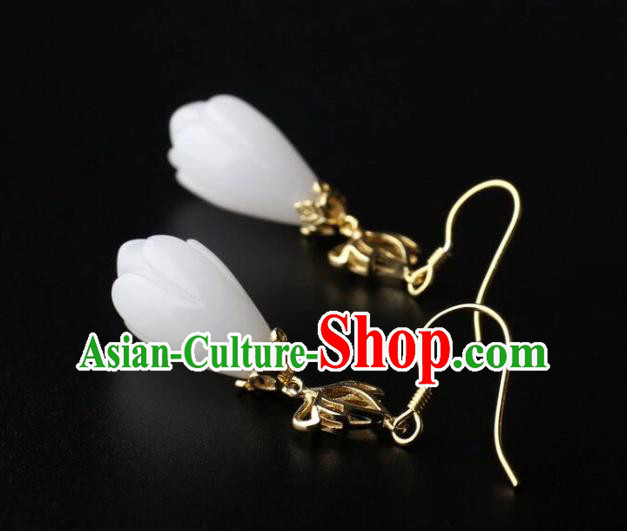 China Handmade National Jade Mangnolia Earrings Traditional Cheongsam Golden Lotus Ear Accessories China Handmade National Jade Mangnolia Earrings Traditional Cheongsam Golden Lotus Ear Accessories