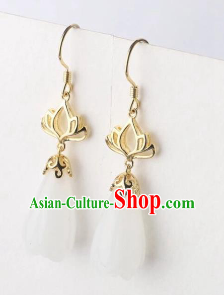 China Handmade National Jade Mangnolia Earrings Traditional Cheongsam Golden Lotus Ear Accessories China Handmade National Jade Mangnolia Earrings Traditional Cheongsam Golden Lotus Ear Accessories