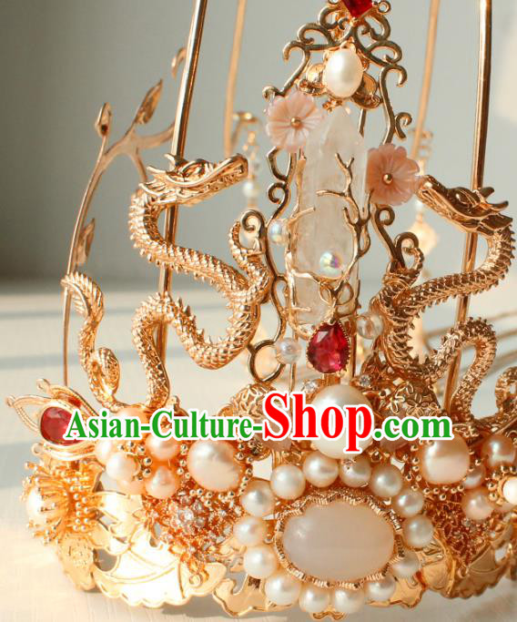 Chinese Ancient Empress Headwear Traditional Hanfu Ming Dynasty Golden Dragons Hair Crown Chinese Ancient Empress Headwear Traditional Hanfu Ming Dynasty Golden Dragons Hair Crown