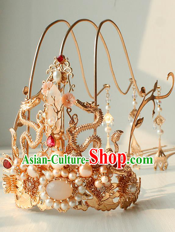 Chinese Ancient Empress Headwear Traditional Hanfu Ming Dynasty Golden Dragons Hair Crown Chinese Ancient Empress Headwear Traditional Hanfu Ming Dynasty Golden Dragons Hair Crown