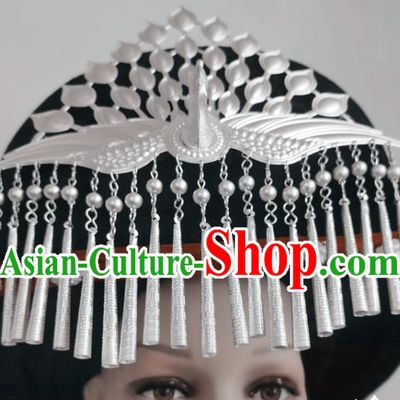 Chinese Liangshan Ethnic Silver Phoenix Headwear Traditional Yi Nationality Minority Stage Performance Hat