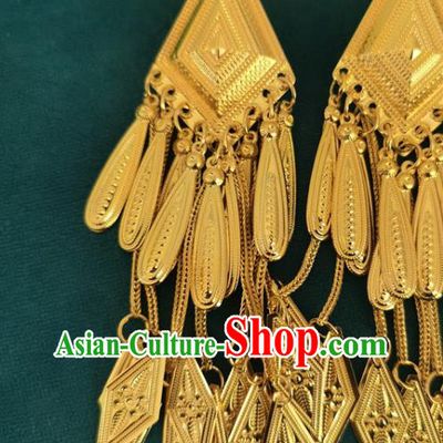 China Traditional Yi Nationality Folk Dance Ear Accessories Handmade Liangshan Ethnic Folk Dance Golden Tassel Earrings