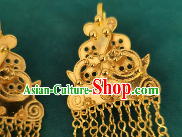 China Traditional Yi Nationality Golden Tassel Ear Accessories Handmade Liangshan Ethnic Woman Earrings China Traditional Yi Nationality Golden Tassel Ear Accessories Handmade Liangshan Ethnic Woman Earrings