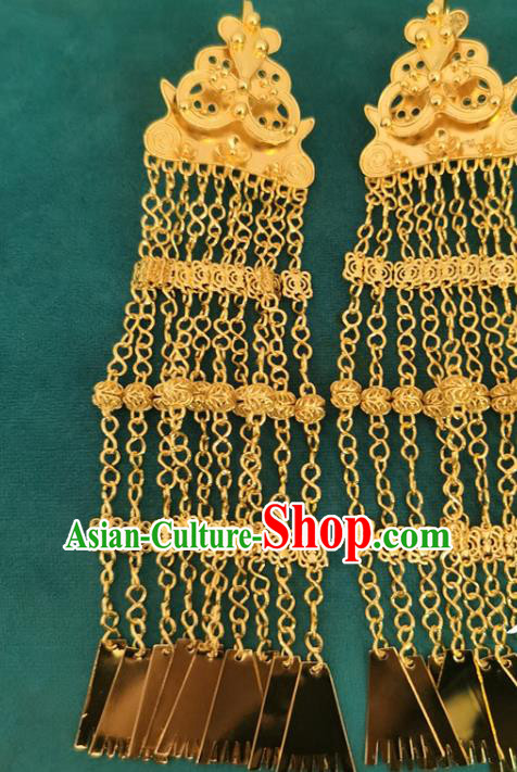 China Traditional Yi Nationality Golden Tassel Ear Accessories Handmade Liangshan Ethnic Woman Earrings China Traditional Yi Nationality Golden Tassel Ear Accessories Handmade Liangshan Ethnic Woman Earrings