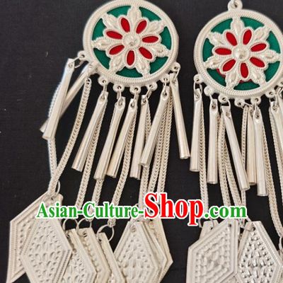 China Traditional Yi Nationality Woman Silver Tassel Ear Accessories Handmade Liangshan Ethnic Folk Dance Earrings