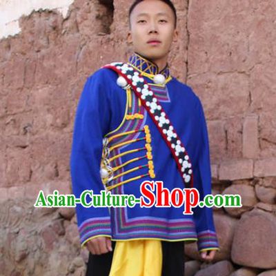China Yi Nationality Male Blue Woolen Jacket Traditional Ethnic Upper Outer Garment