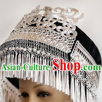 Chinese Liangshan Ethnic Stage Performance Headwear Traditional Yi Nationality Wedding Silver Tassel Hat