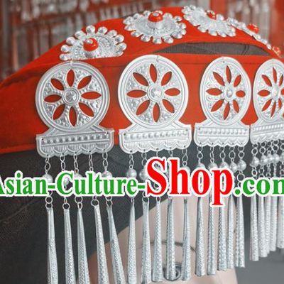 Chinese Liangshan Ethnic Wedding Silver Tassel Headwear Traditional Yi Nationality Bride Red Hat