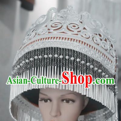 Chinese Liangshan Ethnic Ceremony Headwear Traditional Yi Nationality Wedding Bride Silver Tassel Hat