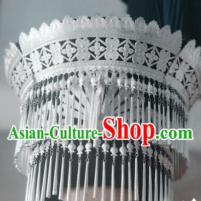 Chinese Liangshan Ethnic Wedding Bride Headwear Traditional Yi Nationality Ceremony Silver Phoenix Tassel Hat