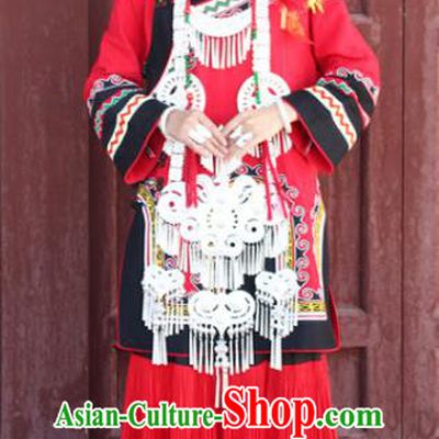China Traditional Liangshan Ethnic Wedding Costumes Yi Nationality Minority Bride Red Outfits Clothing and Hat