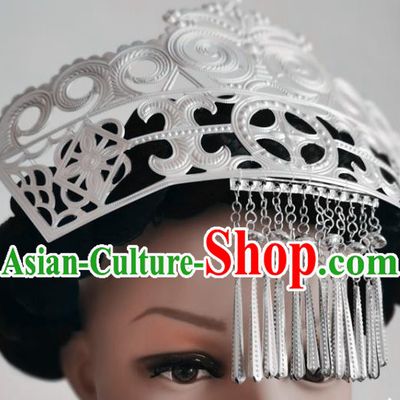 Chinese Liangshan Ethnic Silver Tassel Hair Crown Headwear Traditional Yi Nationality Ceremony Hat